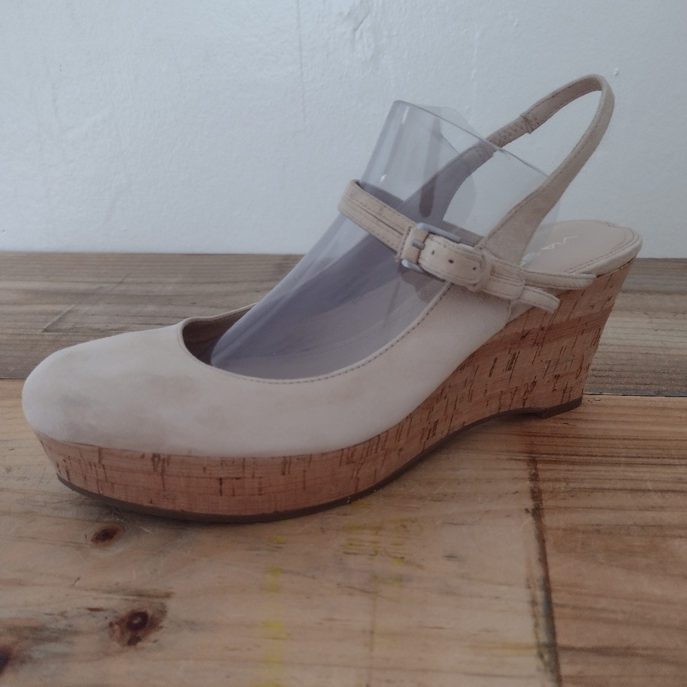 Via Spiga Gracie Beige Suede Slingback Cork Platform Wedge Heel Sandal Size 8.5